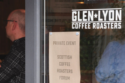 Photo showing the door of the Glen Lyon Roastery closed for the private event. Scottish Coffee Roasters Forum 2026