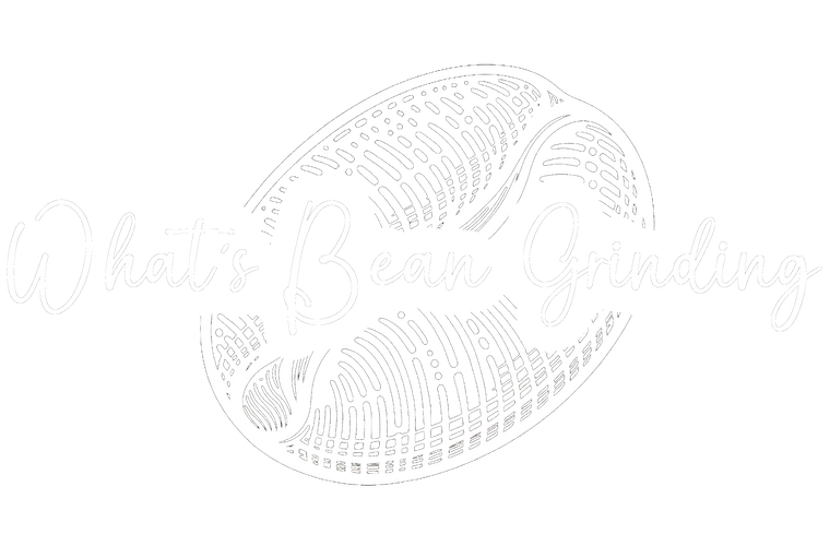 White coffee eban sketch design in white with What's Bean Grinding written over the top of it.